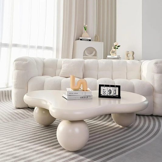 Modern Cloud Coffee Table – Irregular Cartoon Shape with Ball Legs, White Minimalist Accent Table