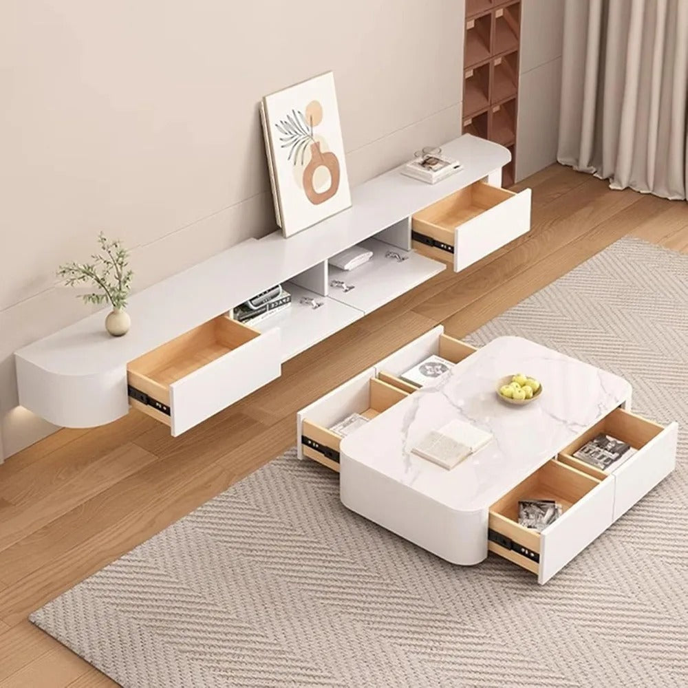 Floating TV Stand with Drawers & Cable Management – Modern Wall-Mounted Media Console, Solid Wood, No Assembly Required (White, 70.9")