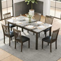 7-Piece Dining Table Set with Faux Marble Top – Includes 6 PU Leather Upholstered Chairs & Solid Wood Frame (Seats 6)