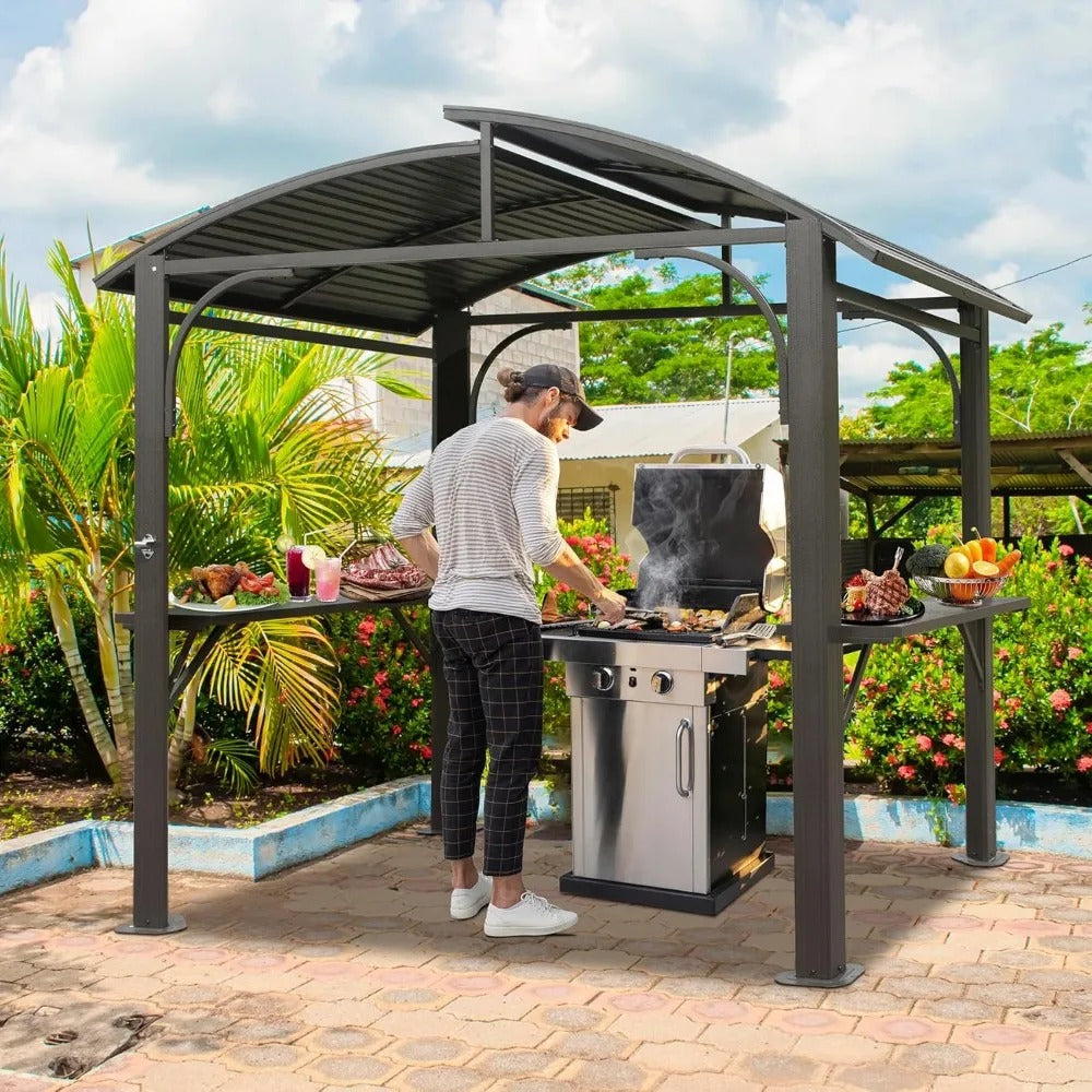 8x5 FT Hardtop Grill Gazebo with Steel Roof & Side Shelves – Outdoor BBQ Canopy Shelter
