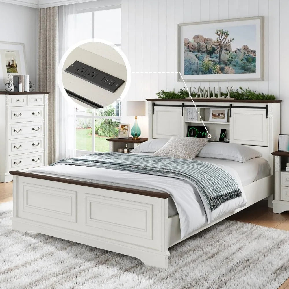 Farmhouse Queen Bed Frame with Bookcase Headboard, Storage, Charging Station & Barn Doors – Antique White Wood Platform