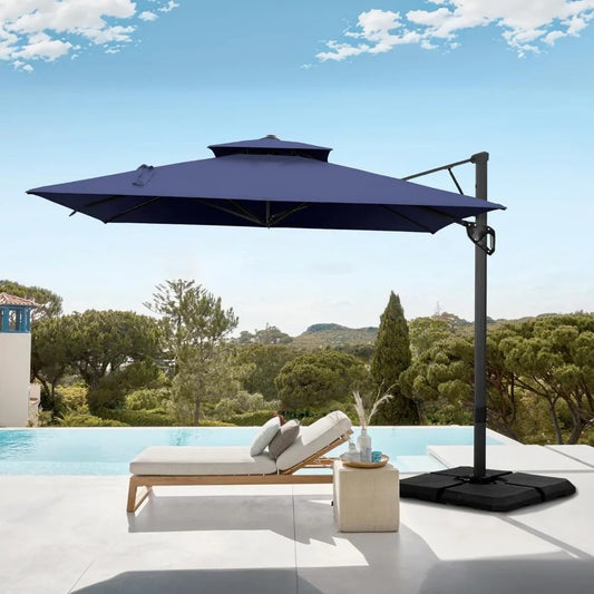12x9 ft Rectangle Cantilever Patio Umbrella with Base – 360° Rotation, Fade-Resistant, Windproof Outdoor Umbrella for Deck, Poolside & Backyard (Navy Blue)