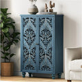 Carved Blue Accent Cabinet with Doors – 47" Farmhouse Storage Cabinet with Solid Wood Legs for Entryway, Bedroom & Living Room