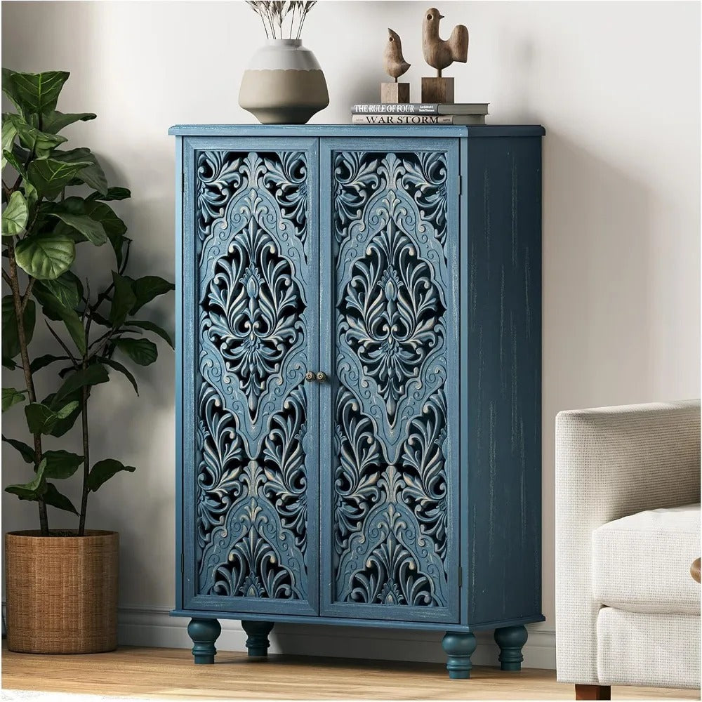 Carved Blue Accent Cabinet with Doors – 47" Farmhouse Storage Cabinet with Solid Wood Legs for Entryway, Bedroom & Living Room