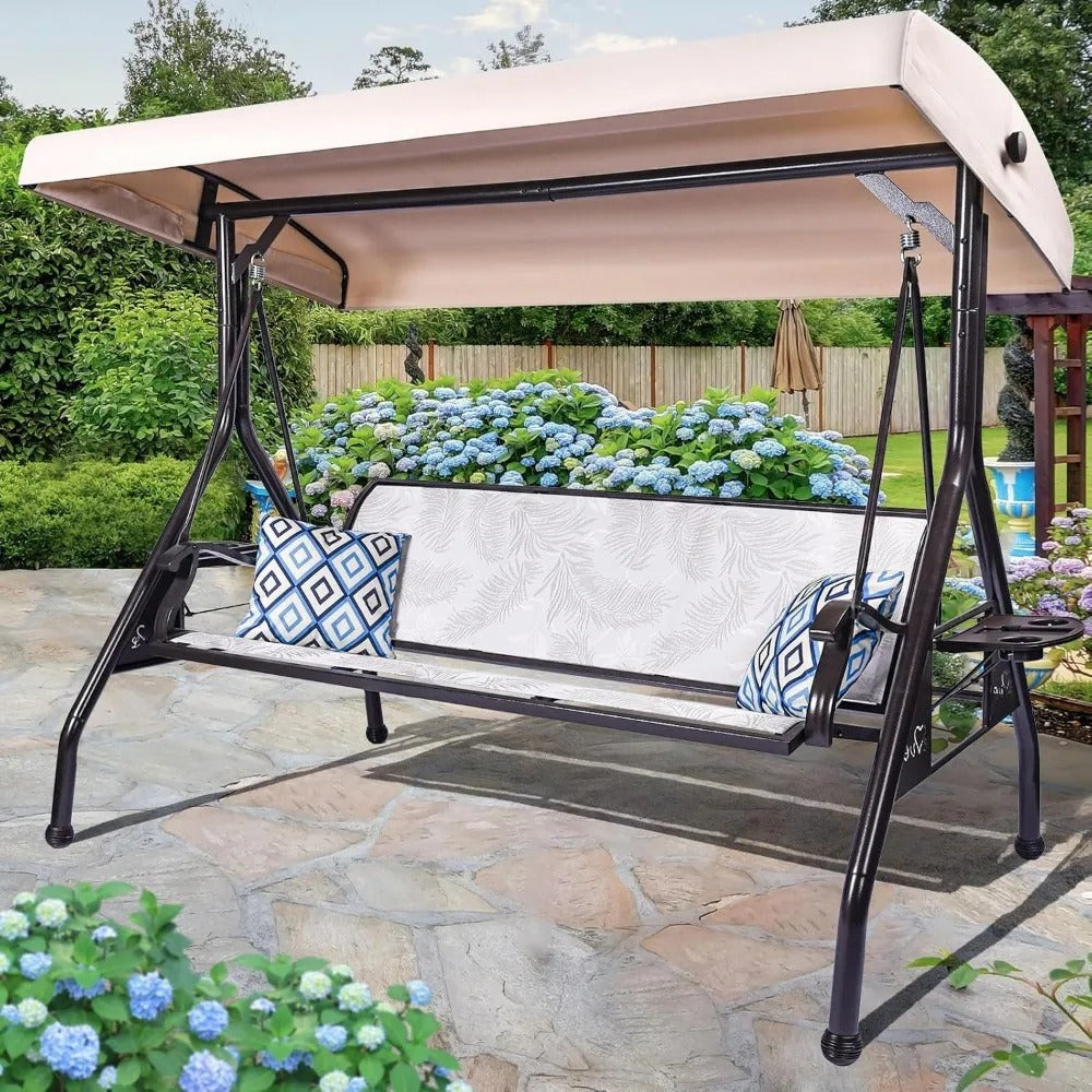 3-Person Outdoor Patio Swing with Adjustable Canopy & Upgraded Cup Holders – Textilene Fabric Porch Swing Chair