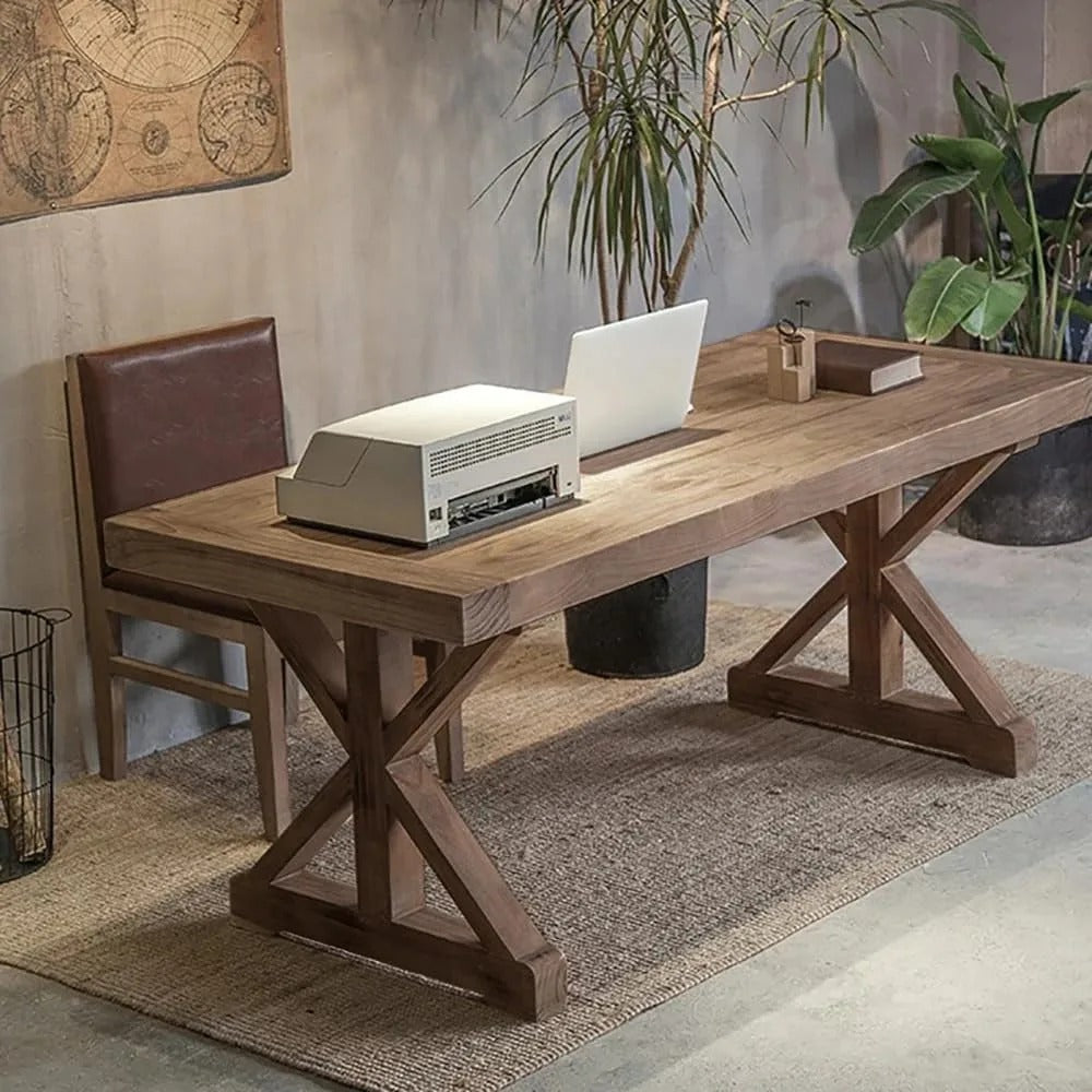 59" Rustic Farmhouse Office Desk – Executive Computer Table with Trestle Base, Natural Wood Finish