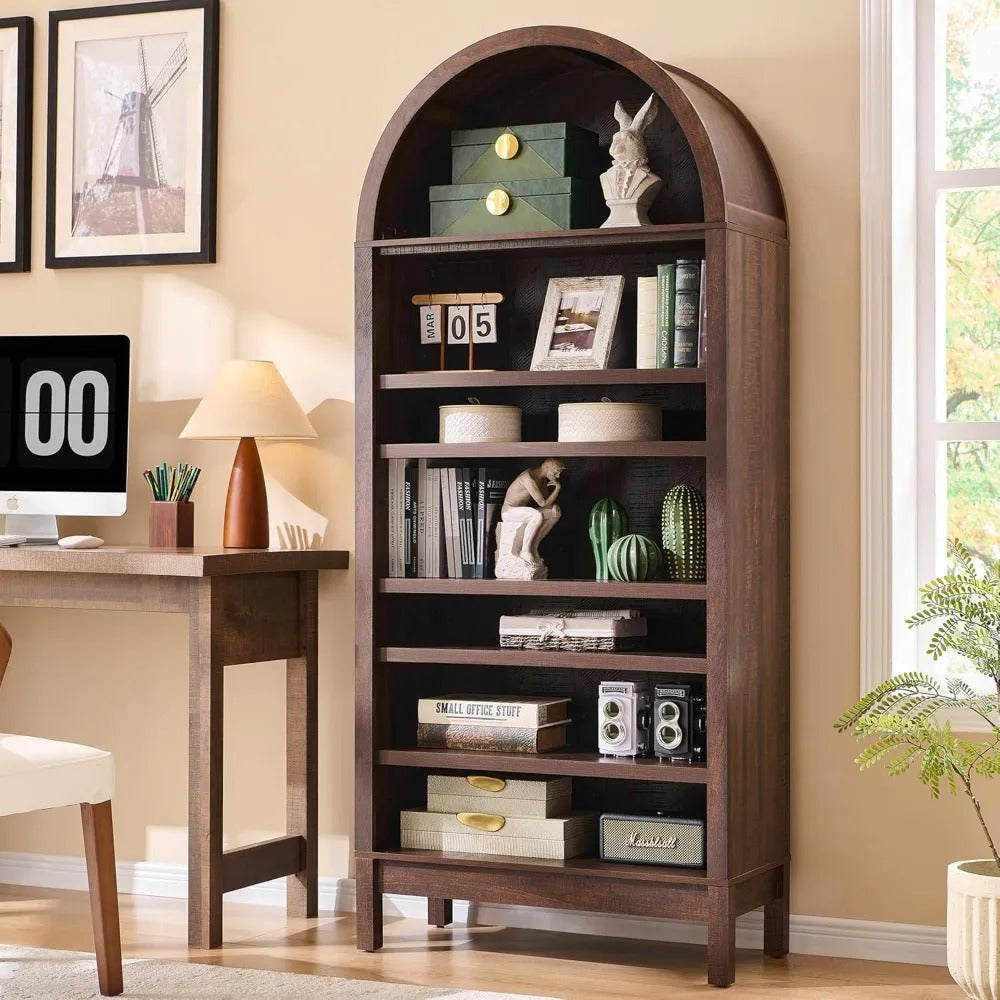 71" Arched 7-Tier Bookshelf – Modern Farmhouse Bookcase with Adjustable Shelves & Wood Storage for Living Room, Hallway, Entryway