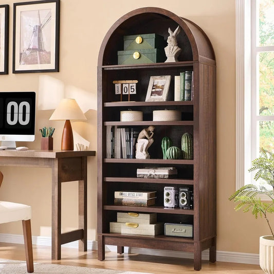 71" Arched 7-Tier Bookshelf – Modern Farmhouse Bookcase with Adjustable Shelves & Wood Storage for Living Room, Hallway, Entryway
