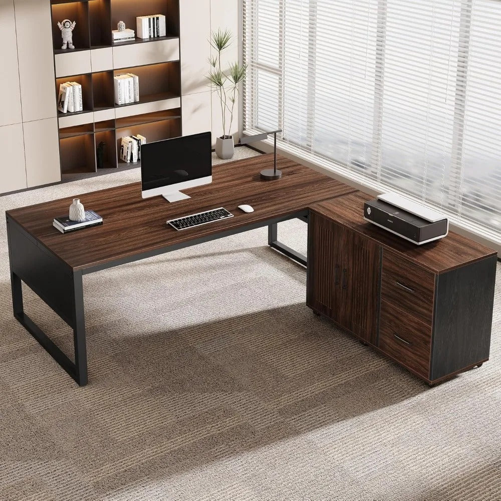 63" L-Shaped Executive Desk with Mobile File Cabinet – Modern Dark Walnut Corner Office Desk with Storage Drawers & Door Cabinet