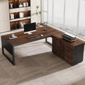 63" L-Shaped Executive Desk with Mobile File Cabinet – Modern Dark Walnut Corner Office Desk with Storage Drawers & Door Cabinet