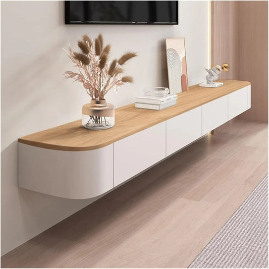 Modern Floating TV Stand – Wall-Mounted Entertainment Console with Door & Shelves, Solid Wood, 55" Wood/White Finish