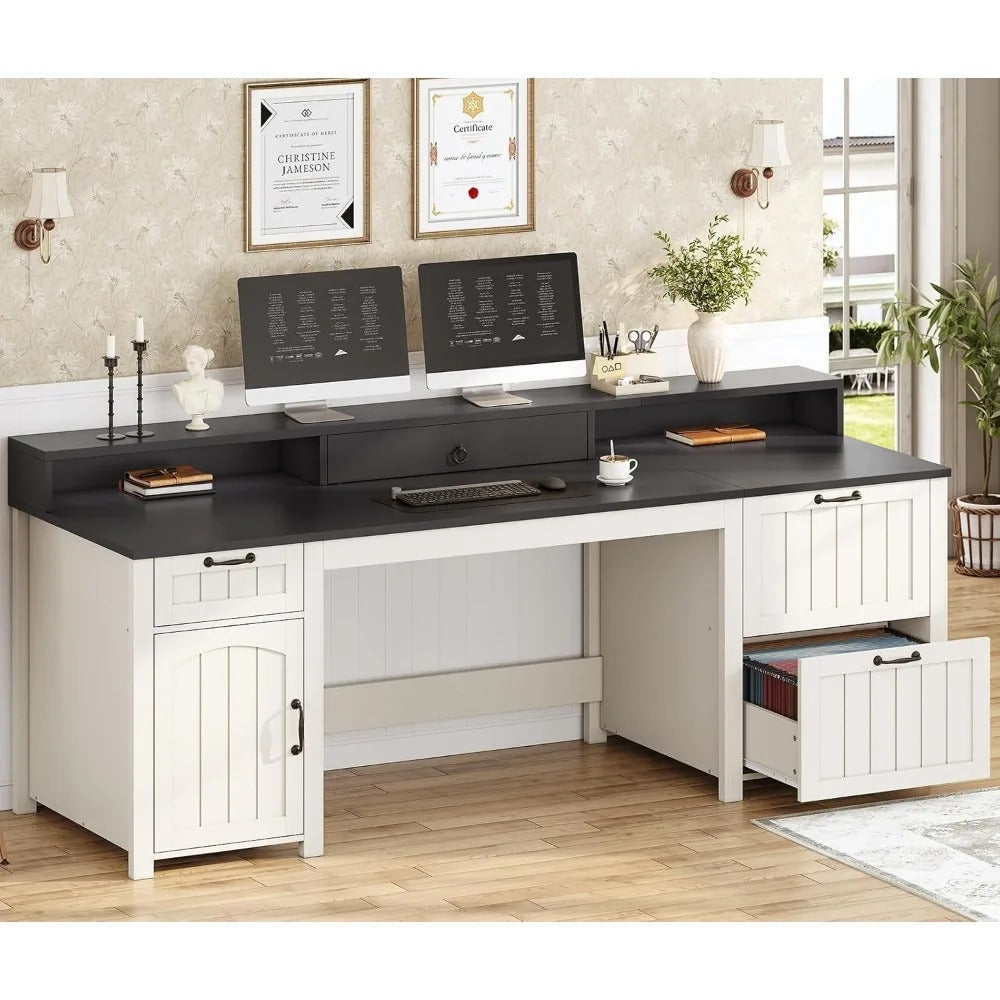 63" Farmhouse Executive Desk with File Drawers, Storage Cabinet & Monitor Stand