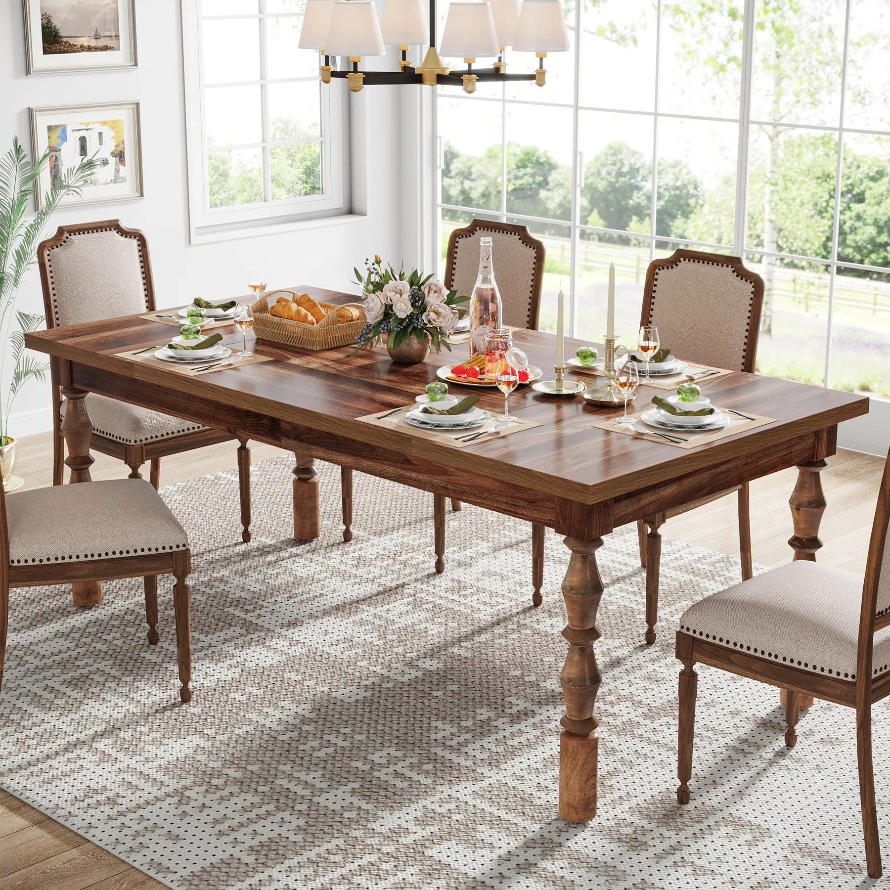 Enjoy meals in timeless style with this spacious farmhouse wood dining table. Perfect for patios, kitchens, and gatherings of 4 to 6 guests.