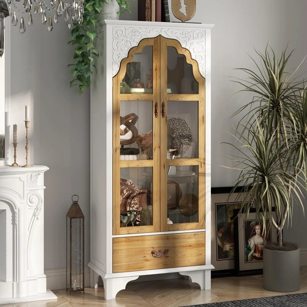70.9" Farmhouse Kitchen Pantry Cabinet with Carved Glass Doors & Drawer – Corner Storage & Display Cabinet