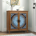 Blue & White 2-Door Accent Cabinet – Distressed Rustic Storage with Porcelain Pattern for Entryway or Living Room