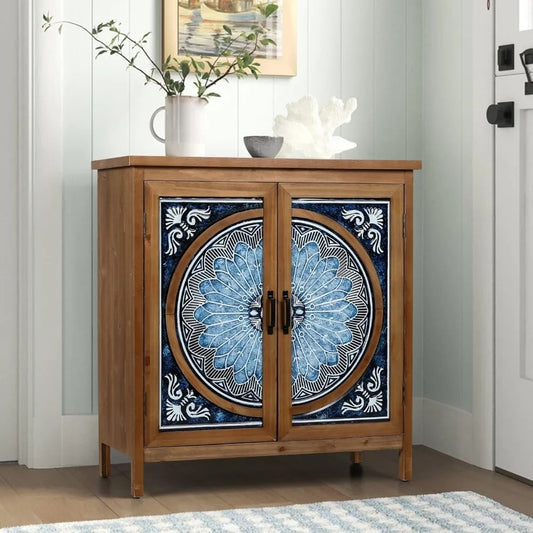 Blue & White 2-Door Accent Cabinet – Distressed Rustic Storage with Porcelain Pattern for Entryway or Living Room