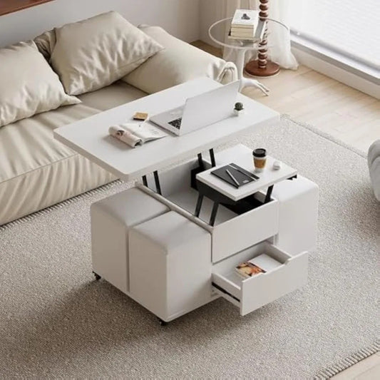 3-in-1 White Lift Top Coffee Table with Storage, Folding Dining Table & 4 Hidden Stools on Casters