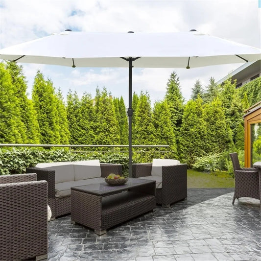 15FT Double-Sided Patio Umbrella with Base & Sand Bag – Extra Large Outdoor Sun Shade with Crank & Vents, UV-Resistant, White