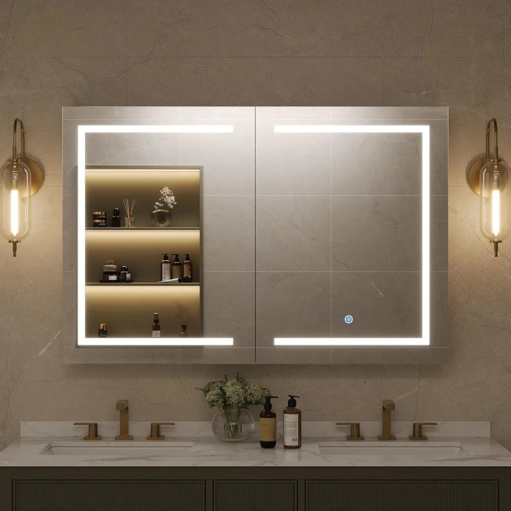 48" LED Medicine Cabinet Mirror – Dimmable Light, Anti-Fog, USB/Outlet, 3 Color Modes