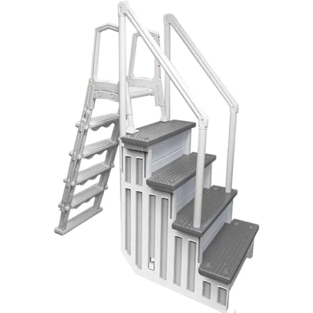 Anti-Slip In-Pool Step System with Flip-Up Outside Ladder – White/Gray for Above Ground Pools with Decks up to 54"