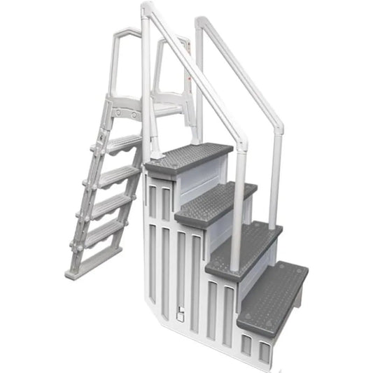 Anti-Slip In-Pool Step System with Flip-Up Outside Ladder – White/Gray for Above Ground Pools with Decks up to 54"