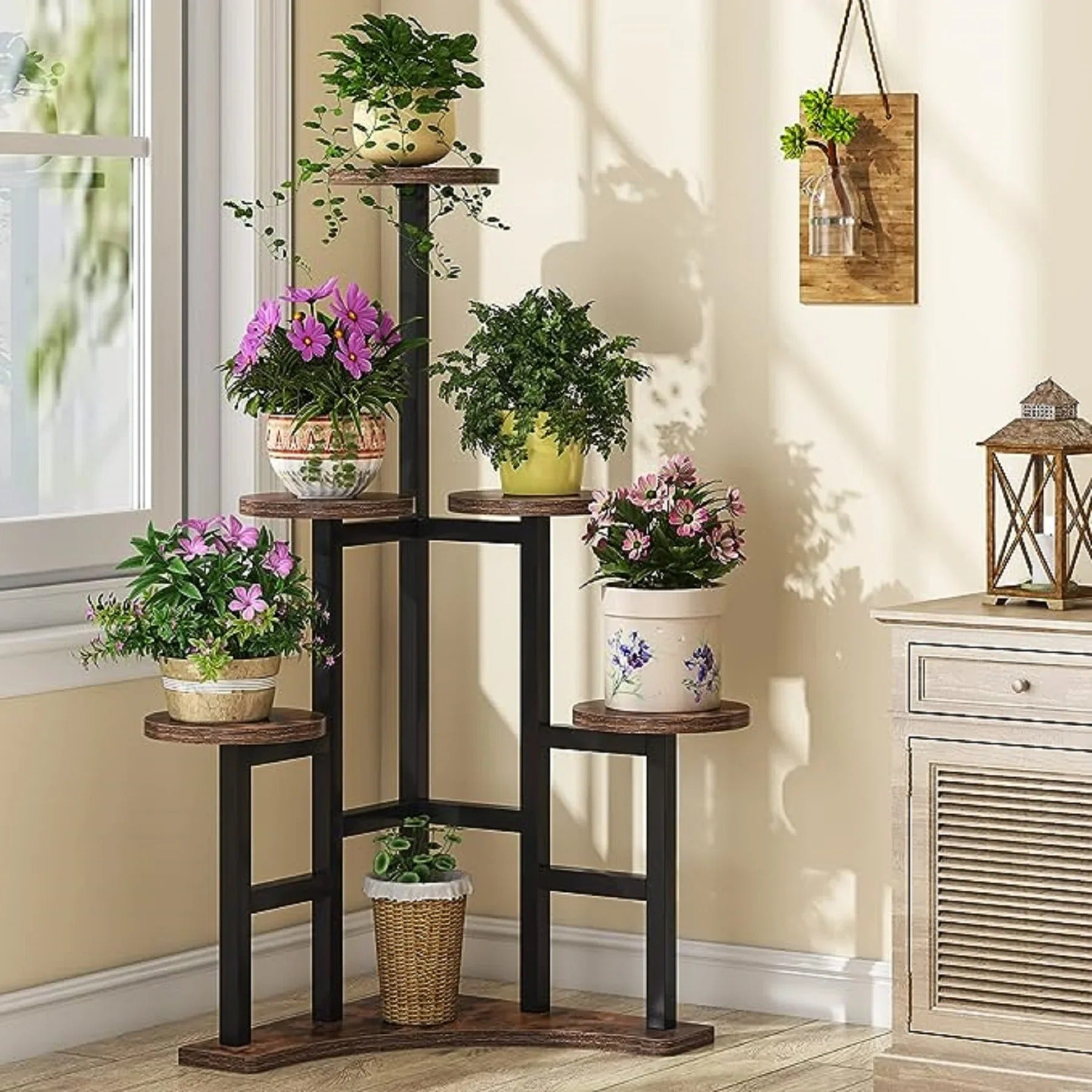 Corner Plant Stand with Round Shelves – Stylish Indoor Display for Multiple Potted Plants