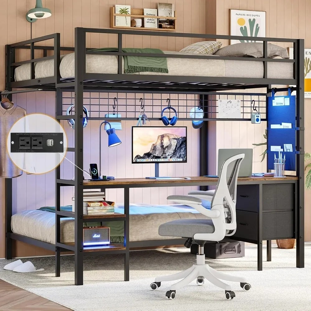Full Over Twin Metal Bunk Bed with Desk, LED Lights & Charging Station – Loft Bed with Storage Shelves & Safety Guardrails
