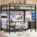 Full Over Twin Metal Bunk Bed with Desk, LED Lights & Charging Station – Loft Bed with Storage Shelves & Safety Guardrails