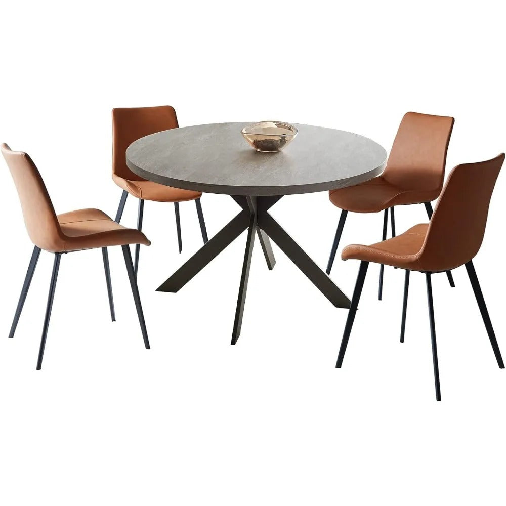 47" Round Dining Table Set for 4–6, Mid-Century Modern Table with PU Leather Chairs, Steel Legs, Easy Assembly