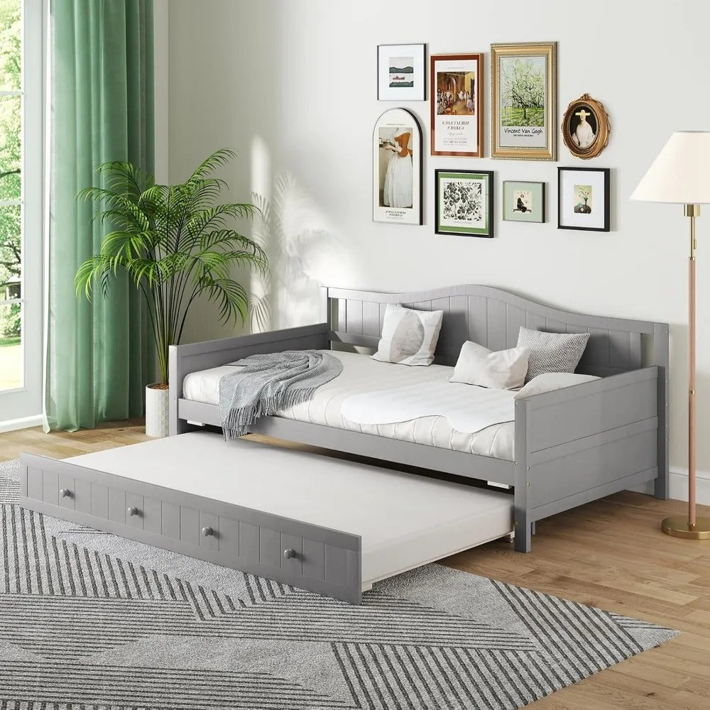Modern Twin Daybed with Trundle – Solid Wood Frame, Grey Finish, No Box Spring Needed