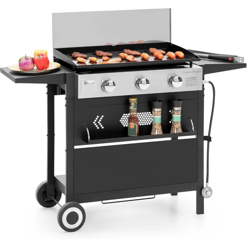 3-Burner 27" Propane Flat Top Griddle Grill with Ceramic Coated Cast Iron Pan – 33,000 BTUs