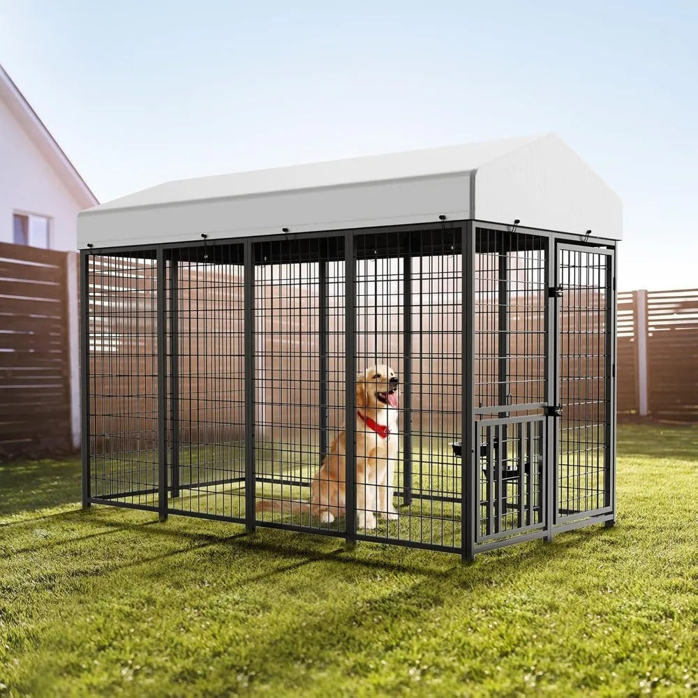 Large Outdoor Dog Kennel with Roof & Feeding Bowls – Metal Pet Run Enclosure (8' x 4' x 5.6')