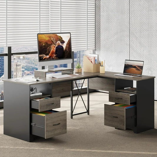 L-Shaped Executive Desk with 4 Drawers – 63" x 47" Corner Desk with File Storage, Monitor Stand & Open Shelves