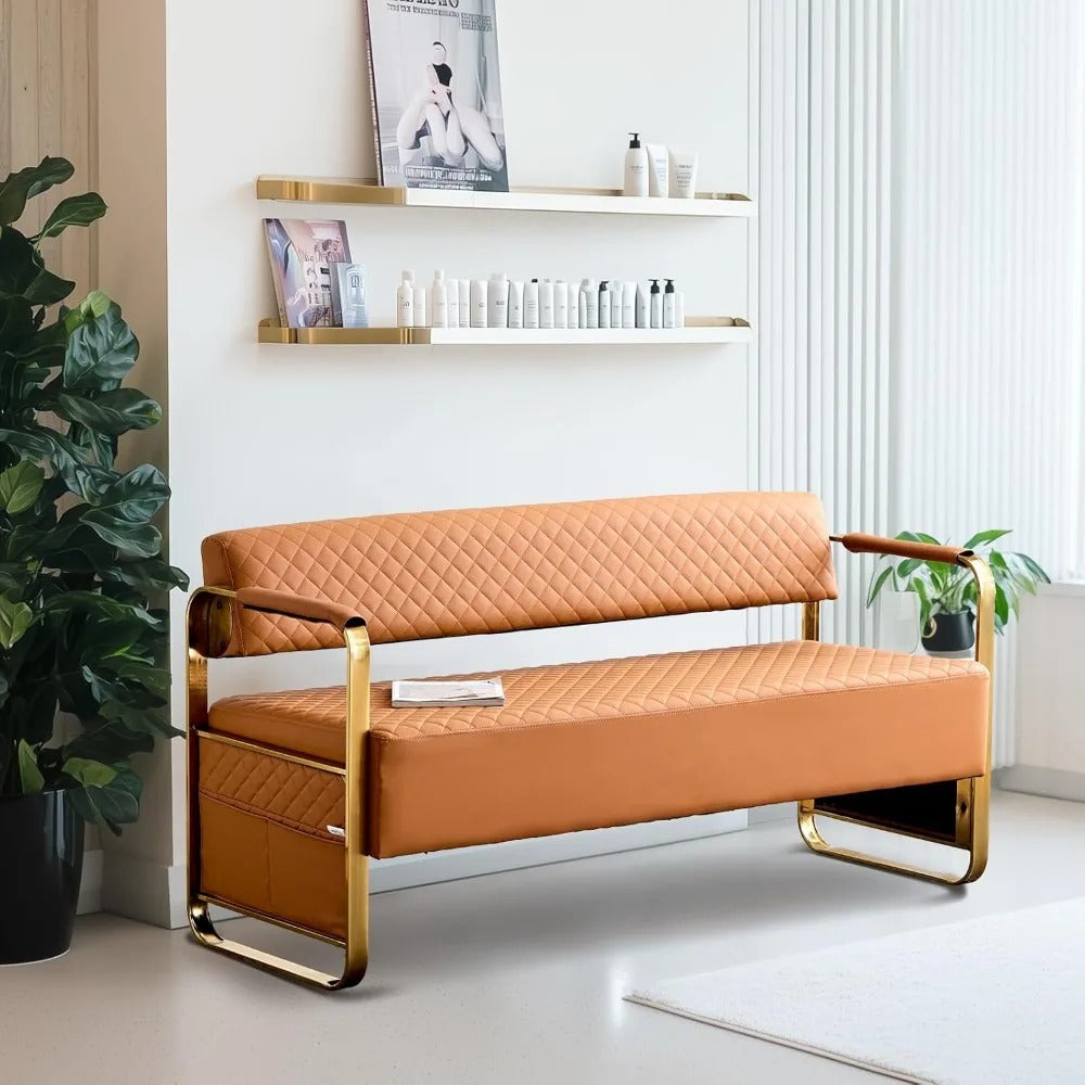 57.5" Waiting Room Bench with Back – PU Leather 3-Seater Guest Chair with Gold Frame for Office, Salon, Lobby, or Reception Area