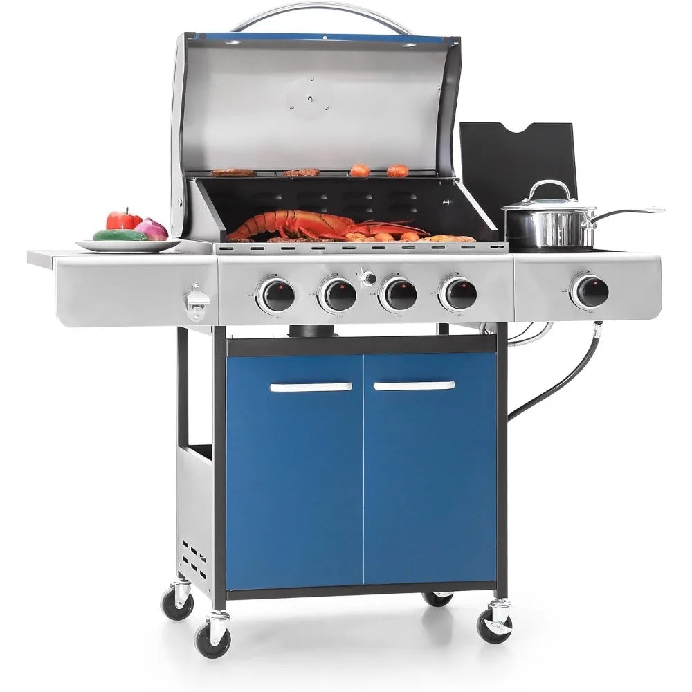 4-Burner Propane Gas BBQ Grill with Side Burner – 42,000 BTU, Porcelain-Enameled Cast Iron Grates, Large Cooking Area & Storage Cabinet, Blue