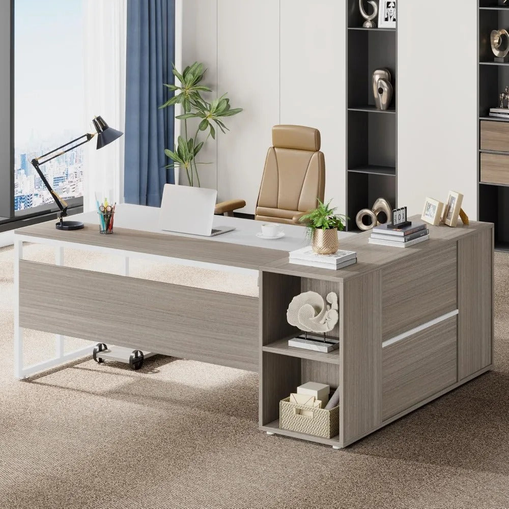71" L-Shaped Executive Desk with Storage Cabinet – Modern Office Workstation with Shelves, Drawers & Printer Stand