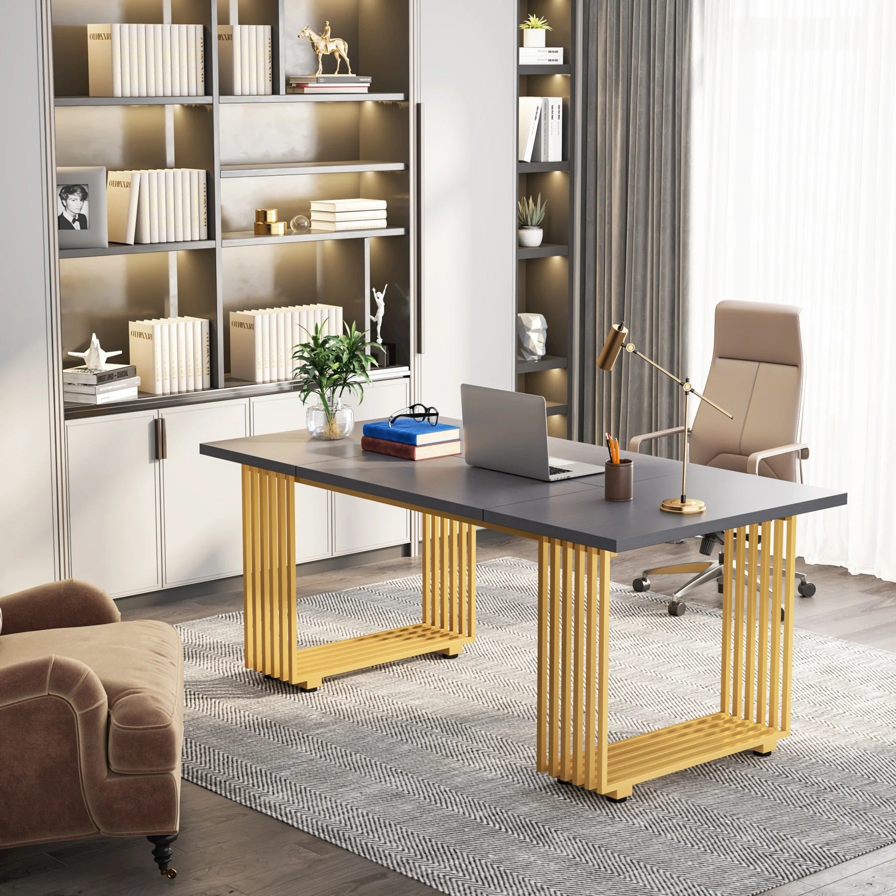 70.9" Modern Executive Office Desk – Grey Workstation with Gold Metal Legs & Spacious Desktop