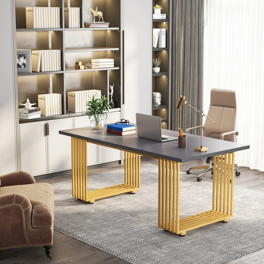 70.9" Modern Executive Office Desk – Grey Workstation with Gold Metal Legs & Spacious Desktop