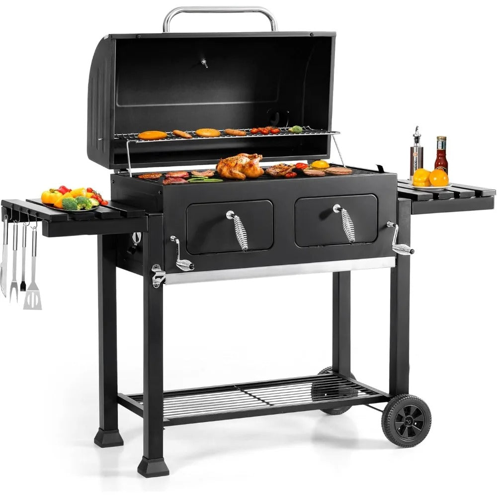Large Barrel Charcoal Grill with 794 Sq In Cooking Space, Dual Height-Adjustable Pans & Folding Side Tables – Outdoor BBQ Grill with Temp Gauge