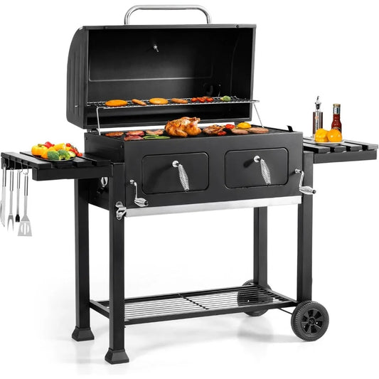 Large Barrel Charcoal Grill with 794 Sq In Cooking Space, Dual Height-Adjustable Pans & Folding Side Tables – Outdoor BBQ Grill with Temp Gauge