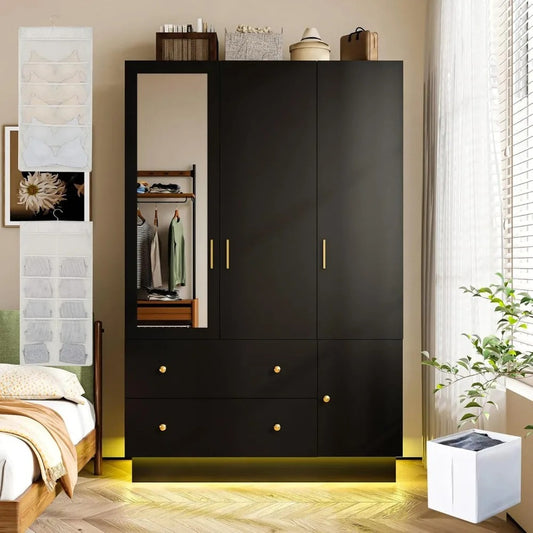 Modern 3-Door Black Wardrobe with Mirror & RGB Lights – Spacious Armoire Closet with Organizers & Hanging Rod