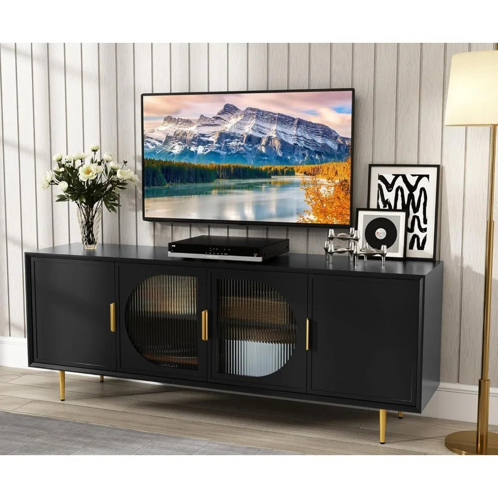 66" Modern Black TV Stand with 4 Glass Doors – Media Console for TVs Up to 75", Storage Cabinet with Shelves & Cable Management