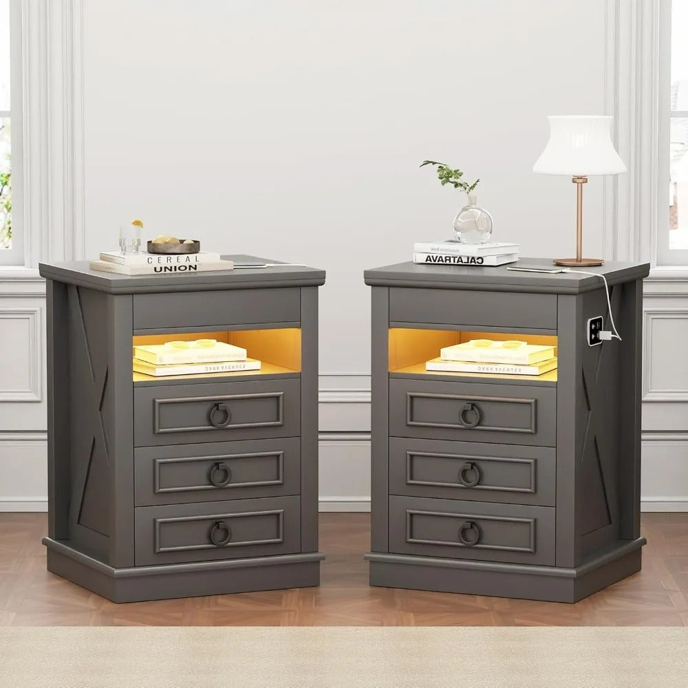Modern Farmhouse Nightstand with Hidden Gun Drawer, LED Lights & Charging Ports – 3-Drawer Bedside Table with Sensor Lighting