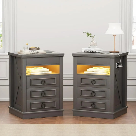 Modern Farmhouse Nightstand with Hidden Gun Drawer, LED Lights & Charging Ports – 3-Drawer Bedside Table with Sensor Lighting