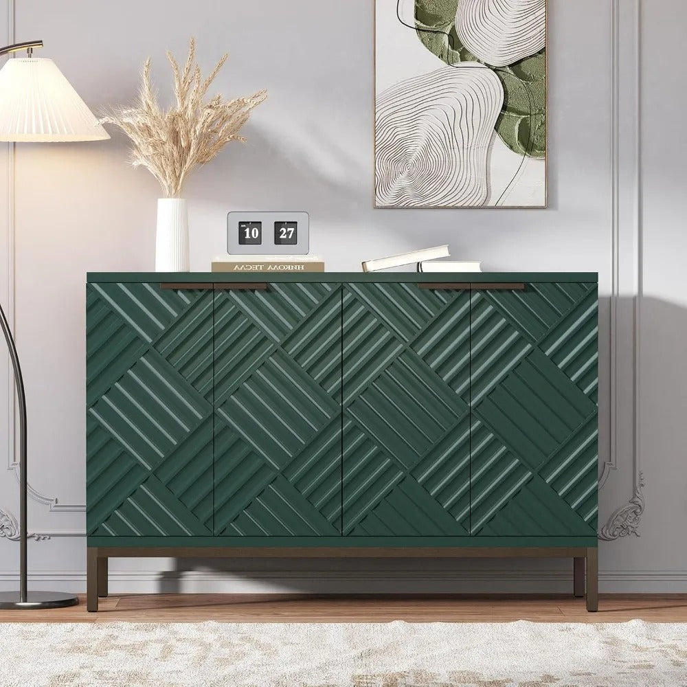 Green Fluted Sideboard Buffet – 47" Modern Storage Cabinet with 4 Doors & Bronze Metal Legs for Dining Room & Entryway