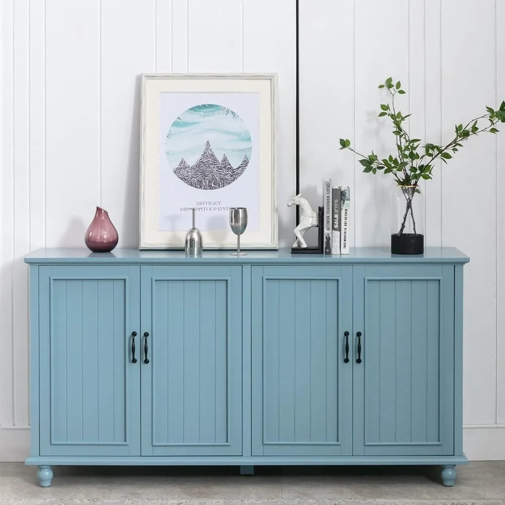 62" Modern Buffet & Bar Cabinet – Aqua Blue Sideboard with 4 Doors and Adjustable Shelves, Storage Cabinet for Kitchen, Dining Room & Living Room