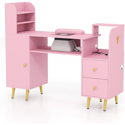 Modern Pink Nail Table with Dust Collector, Storage Cabinets, Power Outlets & Wrist Cushion – Manicure Station for Salon or Home