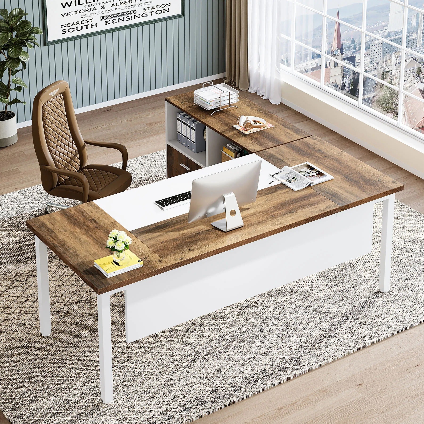 A spacious and versatile L-shaped desk and filing cabinet set for a stylish, productive home office. Perfect for multitasking, organizing, and maximizing workspace.