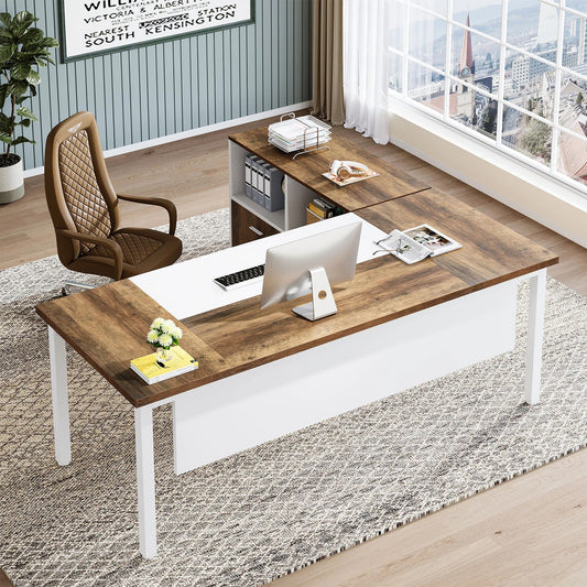 A spacious and versatile L-shaped desk and filing cabinet set for a stylish, productive home office. Perfect for multitasking, organizing, and maximizing workspace.
