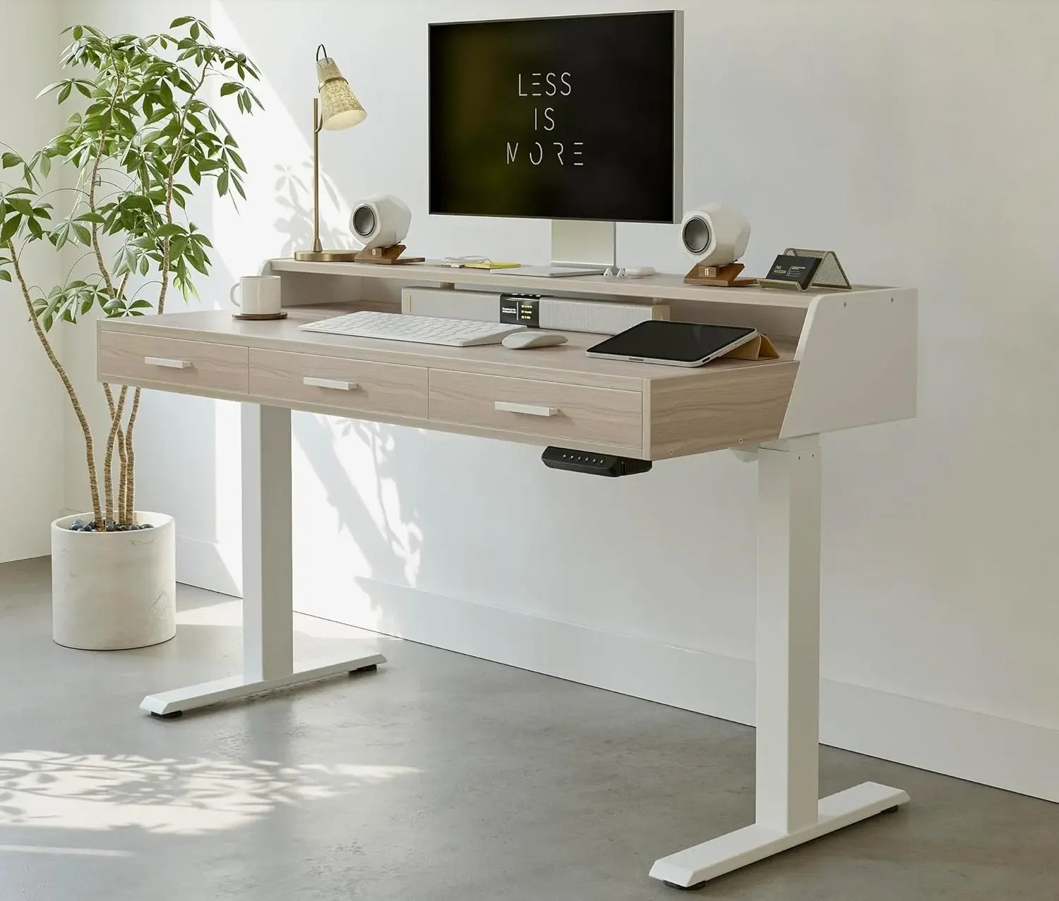Electric Standing Desk with Drawers – 55"x26" Adjustable Height Sit-Stand Desk with Monitor Shelf & Casters (Light Walnut)